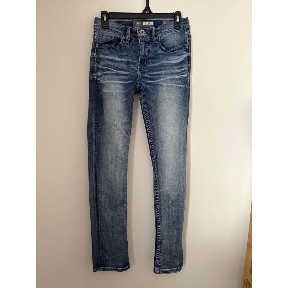BKE Alec Straight Leg Jeans Dark Wash Distressed Denim Women‎ Size 28R Western